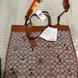 Coach Brown and Cream Monogram Tote with Leather Accents